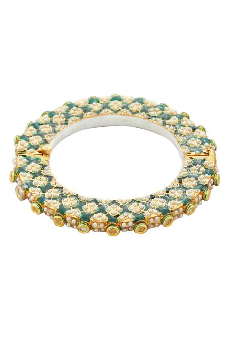 Shop Just Shradhas Gold Plated Pearls, Beads, Gota Patti Kundan Enamel Bangle Online at Aza Fashions Shop_Just Shradhas_Gold Plated Pearls, Beads, Gota Patti Kundan Enamel Bangle _Online_at_Aza_Fashions