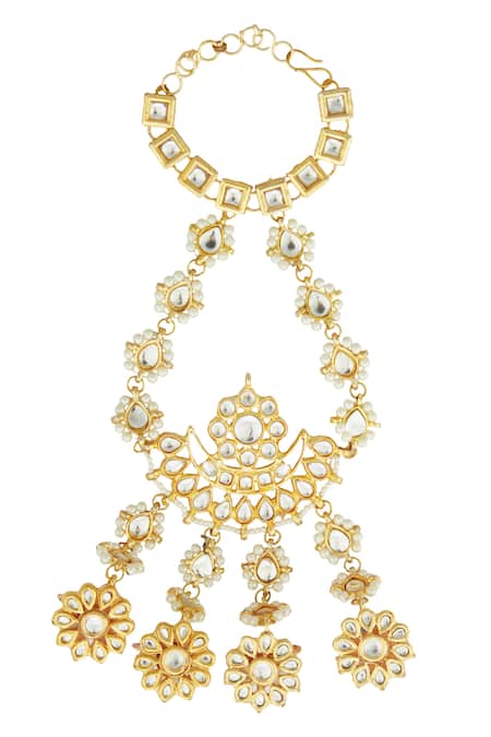 Shop Just Shradhas Gold Plated Pearls, Beads Kundan Floral Hathphool Online at Aza Fashions Shop_Just Shradhas_Gold Plated Pearls, Beads Kundan Floral Hathphool _Online_at_Aza_Fashions