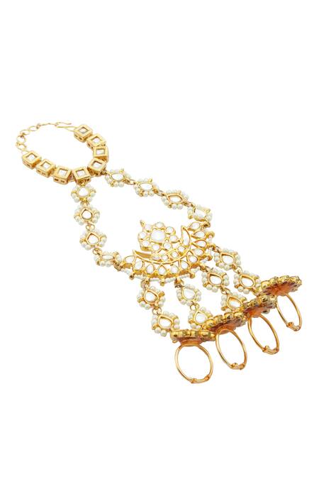 Just Shradhas Gold Plated Pearls, Beads Kundan Floral Hathphool at Aza Fashions Just Shradhas_Gold Plated Pearls, Beads Kundan Floral Hathphool _at_Aza_Fashions
