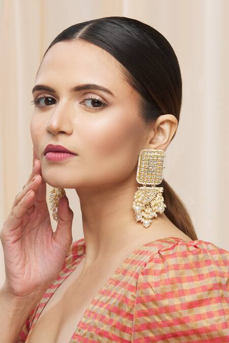Just Shradhas Gold Plated Pearls, Stones Kundan Geometric Danglers 