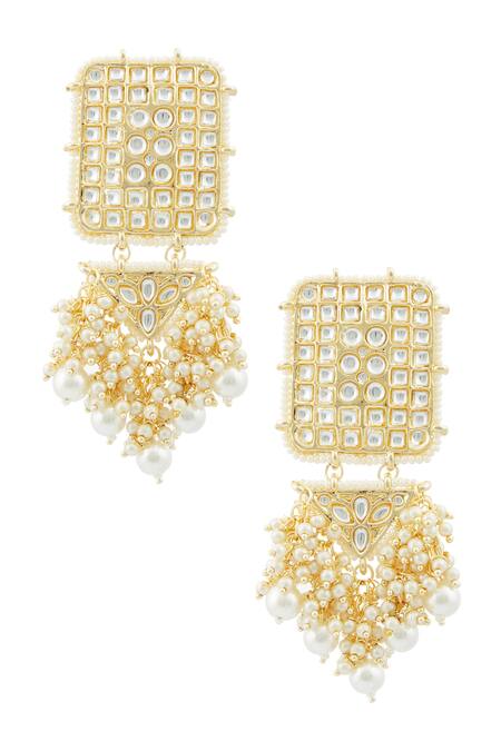 Shop Just Shradhas Gold Plated Pearls, Stones Kundan Geometric Danglers at Aza Fashions Shop_Just Shradhas_Gold Plated Pearls, Stones Kundan Geometric Danglers _at_Aza_Fashions