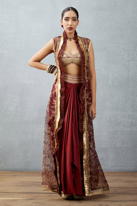 Buy_Torani_Red Jacket Organza Bralette And Dhoti Slub Gulnar Nazreen Chogha Set _Online_at_Aza_Fashions