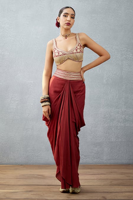 Shop_Torani_Red Jacket Organza Bralette And Dhoti Slub Gulnar Nazreen Chogha Set _Online_at_Aza_Fashions