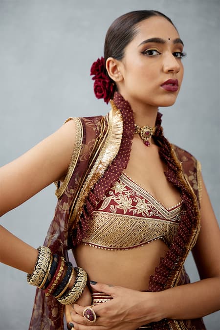 Torani_Red Jacket Organza Bralette And Dhoti Slub Gulnar Nazreen Chogha Set _at_Aza_Fashions