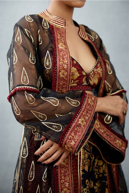 Torani_Black Jacket Silk Organza Pant And Bralette Slub Gulghast Farhat Chogha Set _at_Aza_Fashions