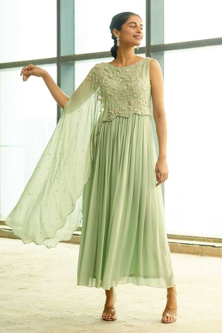Aariyana Couture_Green Modal, Crepe Embroidery Round Neck Draped Tunic_Online_at_Aza_Fashions