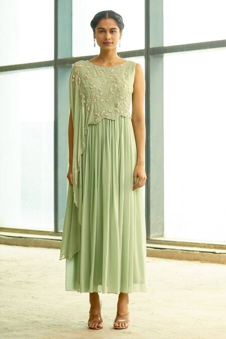 Buy_Aariyana Couture_Green Modal, Crepe Embroidery Round Neck Draped Tunic_Online_at_Aza_Fashions