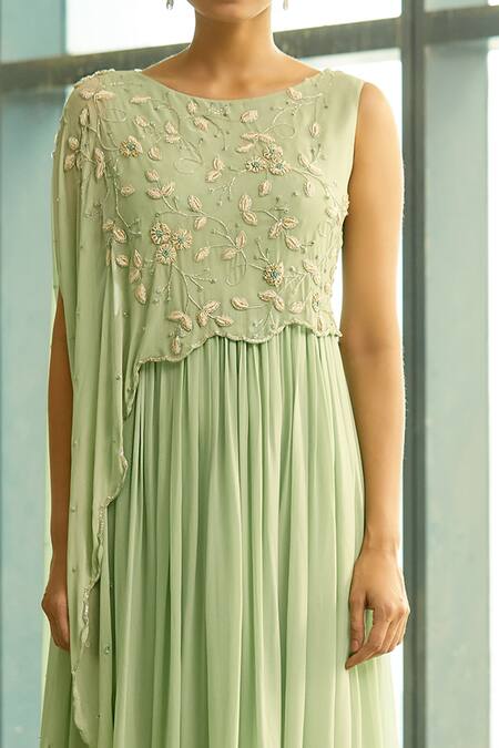 Shop_Aariyana Couture_Green Modal, Crepe Embroidery Round Neck Draped Tunic_Online_at_Aza_Fashions
