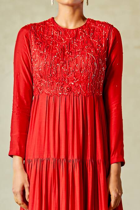 Shop_Aariyana Couture_Red Cotton Satin Embroidery Round Neck Tiered Kurta_Online_at_Aza_Fashions