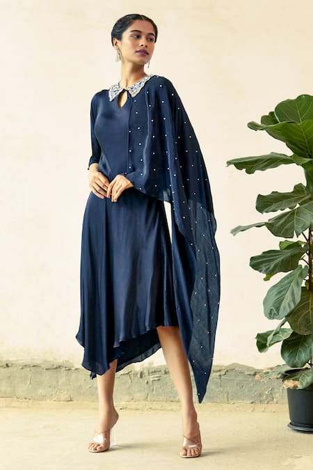 Aariyana Couture Blue Modal Satin Spread Collar Draped Asymmetric Tunic 