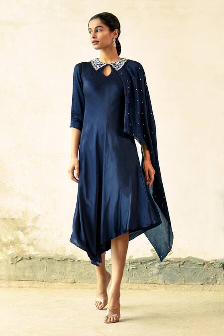 Aariyana Couture_Blue Modal, Satin, Crepe Embroidery Collared Draped Asymmetric Tunic_Online_at_Aza_Fashions