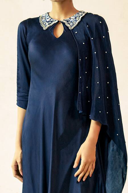 Shop_Aariyana Couture_Blue Modal, Satin, Crepe Embroidery Collared Draped Asymmetric Tunic_Online_at_Aza_Fashions