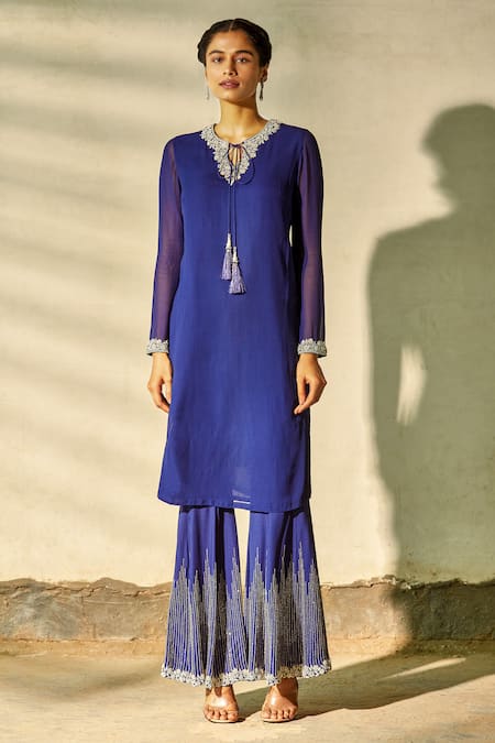 Buy Aariyana Couture Blue Georgette, Modal, Chiffon Tassels, Embroidery Round Neck Kurta Sharara Set Online at Aza Fashions Buy_Aariyana Couture_Blue Georgette, Modal, Chiffon Tassels, Embroidery Round Neck Kurta Sharara Set_Online_at_Aza_Fashions