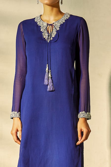 Shop Aariyana Couture Blue Georgette, Modal, Chiffon Tassels, Embroidery Round Neck Kurta Sharara Set Online at Aza Fashions Shop_Aariyana Couture_Blue Georgette, Modal, Chiffon Tassels, Embroidery Round Neck Kurta Sharara Set_Online_at_Aza_Fashions