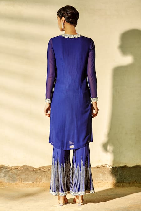 Shop Aariyana Couture Blue Georgette, Modal, Chiffon Tassels, Embroidery Round Neck Kurta Sharara Set at Aza Fashions Shop_Aariyana Couture_Blue Georgette, Modal, Chiffon Tassels, Embroidery Round Neck Kurta Sharara Set_at_Aza_Fashions