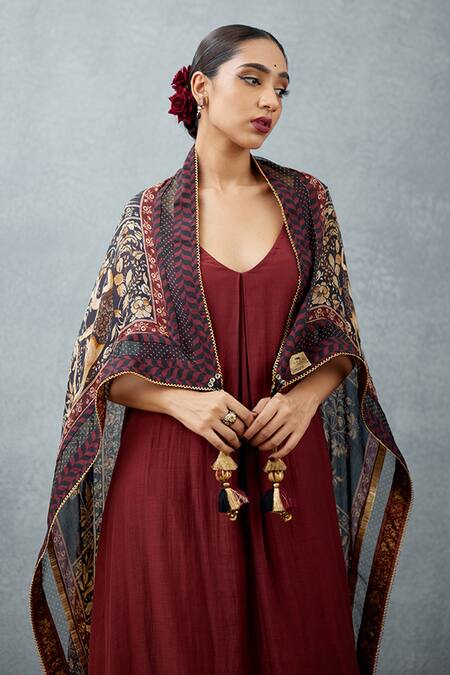 Torani_Black Tassels Gulghast Gullika Printed Scarf _Online_at_Aza_Fashions