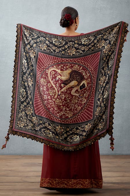 Torani Red Tassels Gulnar Wajiha Printed Scarf 