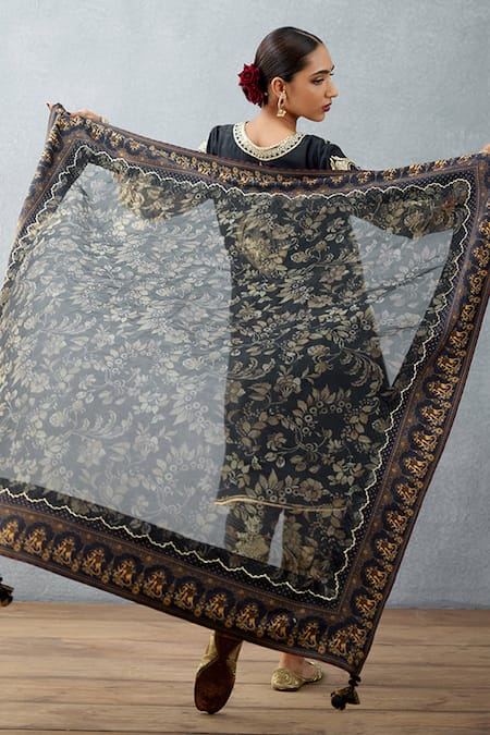 Shop_Torani_Black Digital Bhagalpuri Print Gulghast Amira Scarf _at_Aza_Fashions