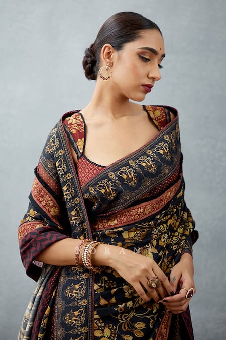 Buy_Torani_Black Slub Silk Digital Bhagalpuri Print Gulghast Arwa Saree _Online_at_Aza_Fashions