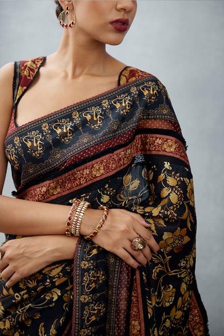 Shop_Torani_Black Slub Silk Digital Bhagalpuri Print Gulghast Arwa Saree _Online_at_Aza_Fashions