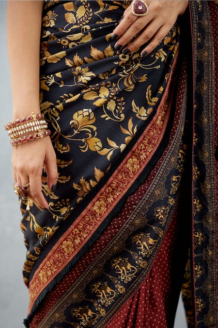 Torani_Black Slub Silk Digital Bhagalpuri Print Gulghast Arwa Saree _at_Aza_Fashions