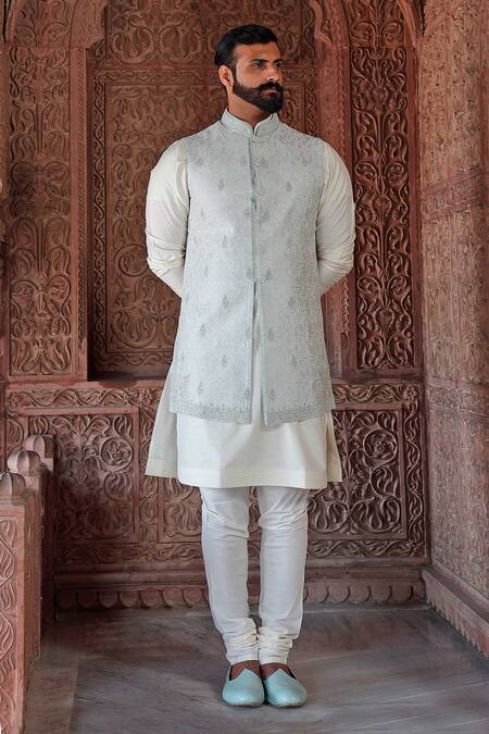 Shop_Vanshik_White Raw Silk Embroidered Bundi And Kurta Set _at_Aza_Fashions