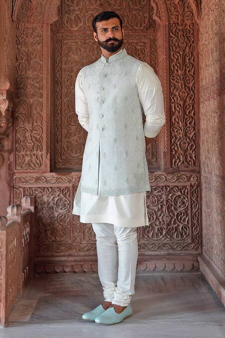 Buy_Vanshik_White Raw Silk Embroidered Bundi And Kurta Set _Online_at_Aza_Fashions