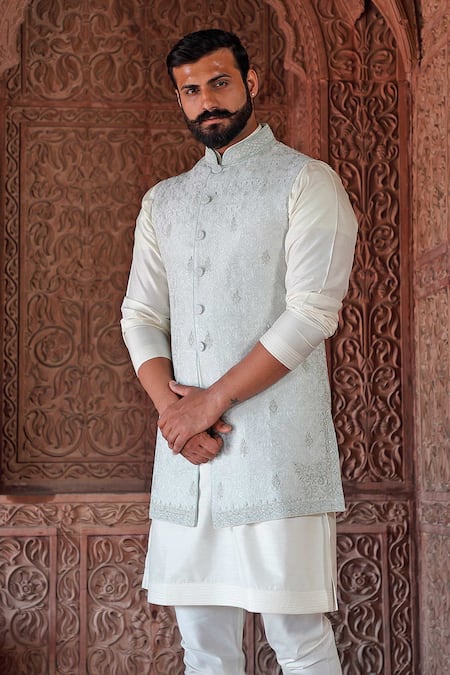 Shop_Vanshik_White Raw Silk Embroidered Bundi And Kurta Set _Online_at_Aza_Fashions