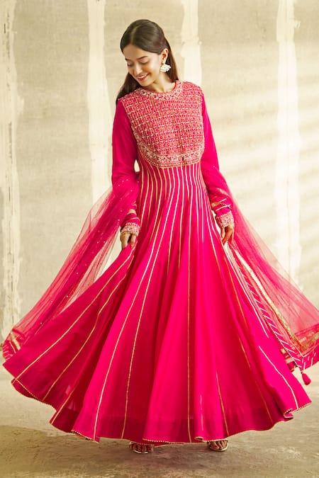 Aariyana Couture_Pink Cotton, Silk, Net Embroidery Round Neck Hand Anarkali Set_Online_at_Aza_Fashions