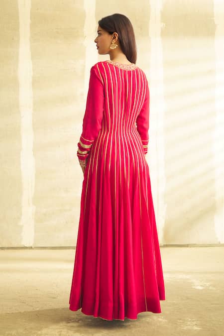 Shop_Aariyana Couture_Pink Cotton, Silk, Net Embroidery Round Neck Hand Anarkali Set_at_Aza_Fashions