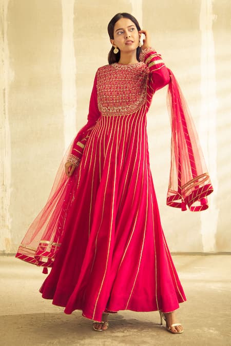 Buy_Aariyana Couture_Pink Cotton, Silk, Net Embroidery Round Neck Hand Anarkali Set_Online_at_Aza_Fashions