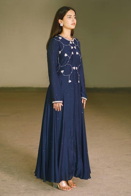 Buy_Ariyana by Aza_Blue Cotton Silk Embroidery Round Hand Anarkali _Online_at_Aza_Fashions