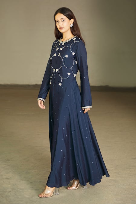 Shop_Ariyana by Aza_Blue Cotton Silk Embroidery Round Hand Anarkali _Online_at_Aza_Fashions