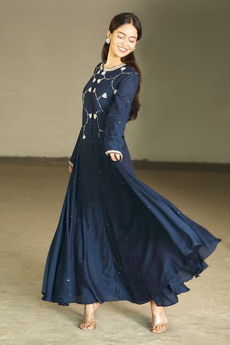 Ariyana by Aza_Blue Cotton Silk Embroidery Round Hand Anarkali _at_Aza_Fashions