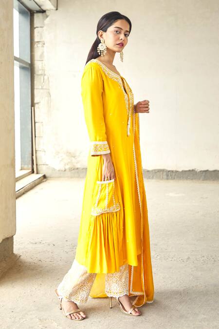 Aariyana Couture_Yellow Cotton, Silk, Organza, Bamboo Tassels, Cut Work, Flared Kurta Set_Online_at_Aza_Fashions