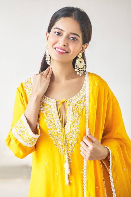 Shop_Aariyana Couture_Yellow Cotton, Silk, Organza, Bamboo Tassels, Cut Work, Flared Kurta Set_Online_at_Aza_Fashions