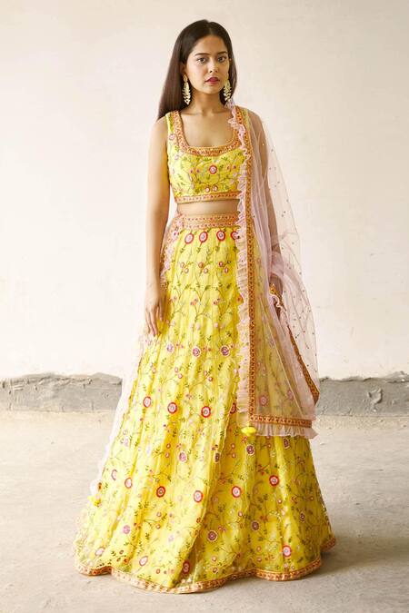 Shop_Ariyana by Aza_Yellow Butterfly Net Embroidery Square Neck Bridal Lehenga Set _Online_at_Aza_Fashions