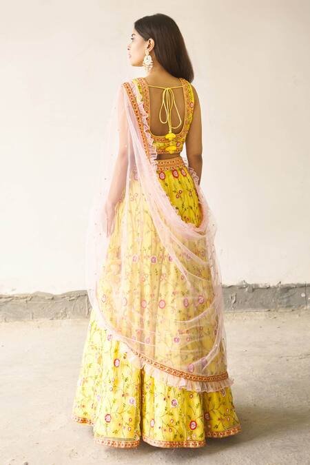 Ariyana by Aza_Yellow Butterfly Net Embroidery Square Neck Bridal Lehenga Set _Online_at_Aza_Fashions