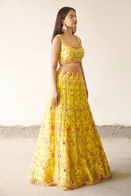 Buy_Ariyana by Aza_Yellow Butterfly Net Embroidery Square Neck Bridal Lehenga Set _Online_at_Aza_Fashions
