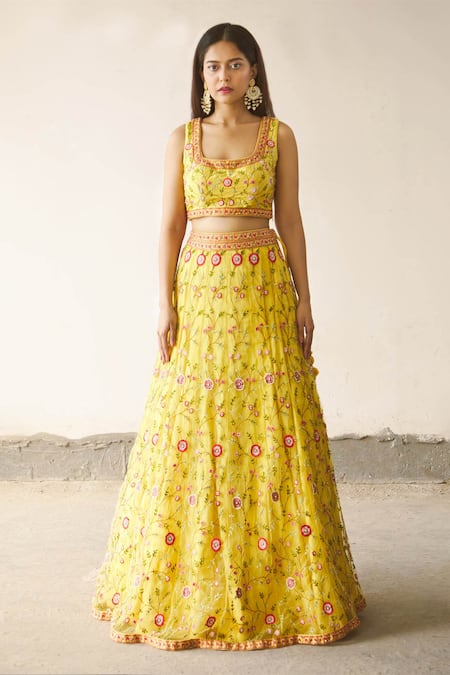 Ariyana by Aza_Yellow Butterfly Net Embroidery Square Neck Bridal Lehenga Set _at_Aza_Fashions