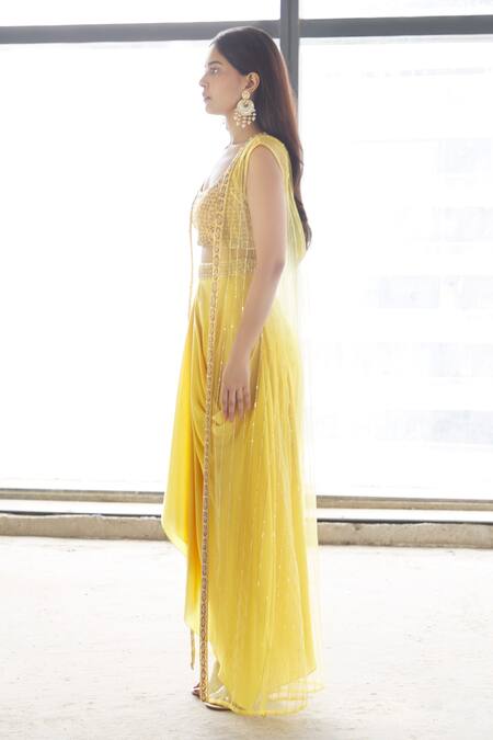 Shop_Aariyana Couture_Yellow Modal, Net, Satin Embroidery Open Neck, Round Jacket And Draped Skirt Set_Online_at_Aza_Fashions