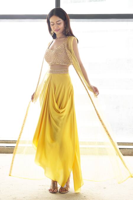 Buy_Aariyana Couture_Yellow Modal, Net, Satin Embroidery Open Neck, Round Jacket And Draped Skirt Set_Online_at_Aza_Fashions