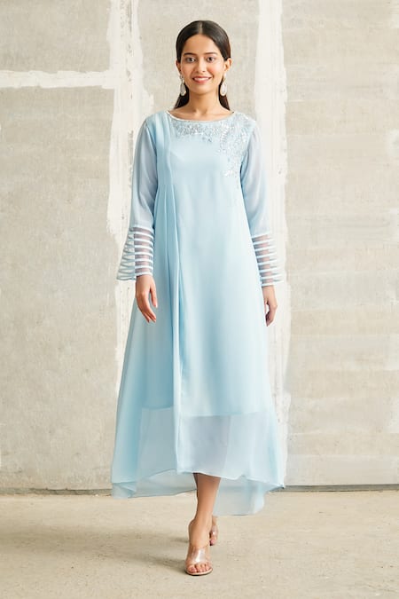 Buy Blue Georgette Embroidery Round Asymmetric Tunic Dress For