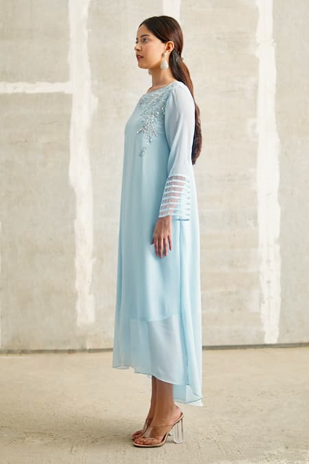 Buy Blue Georgette Embroidery Round Asymmetric Tunic Dress For