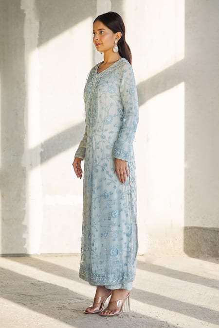 Shop_Aariyana Couture_Blue Silk, Net, Bamboo Cut Work, Embroidery Round Neck Kurta Set_Online_at_Aza_Fashions