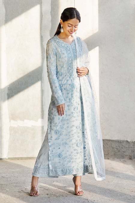 Aariyana Couture_Blue Silk, Net, Bamboo Cut Work, Embroidery Round Neck Kurta Set_Online_at_Aza_Fashions