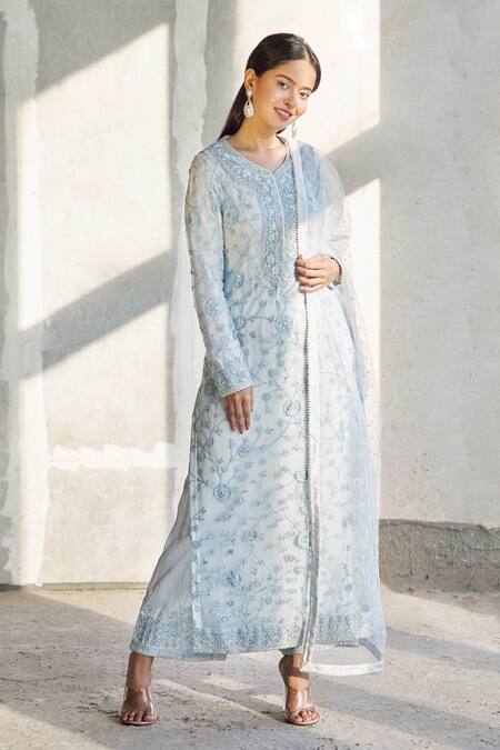 Buy_Aariyana Couture_Blue Silk, Net, Bamboo Cut Work, Embroidery Round Neck Kurta Set_Online_at_Aza_Fashions