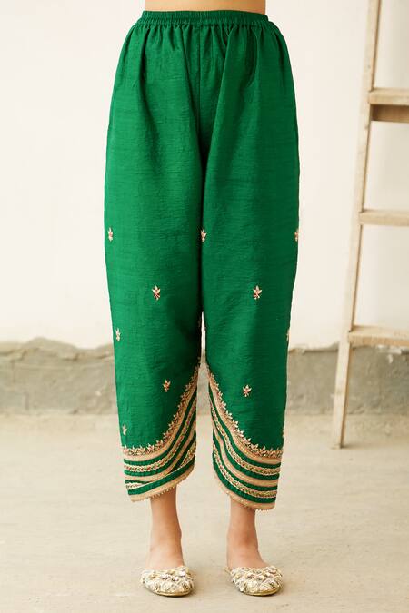 Aariyana Couture Green Velvet, Cotton, Net Gota Patti, Embroidery, Tassels Round Neck Kurta Set at Aza Fashions Aariyana Couture_Green Velvet, Cotton, Net Gota Patti, Embroidery, Tassels Round Neck Kurta Set_at_Aza_Fashions