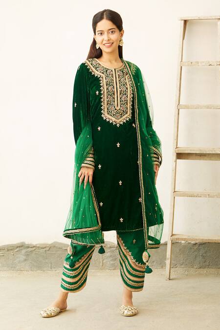 Buy Aariyana Couture Green Velvet, Cotton, Net Gota Patti, Embroidery, Tassels Round Neck Kurta Set Online at Aza Fashions Buy_Aariyana Couture_Green Velvet, Cotton, Net Gota Patti, Embroidery, Tassels Round Neck Kurta Set_Online_at_Aza_Fashions