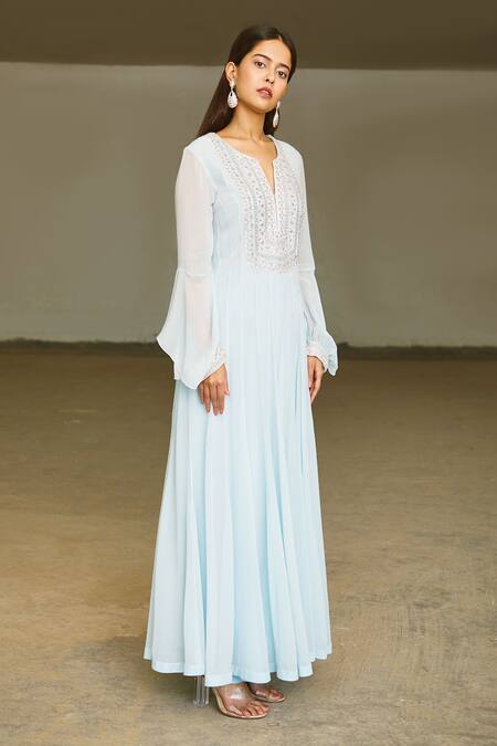 Aariyana Couture Blue Georgette, Modal, Satin, Net Cut Work, Hand Embroidered Anarkali Set Online at Aza Fashions Aariyana Couture_Blue Georgette, Modal, Satin, Net Cut Work, Hand Embroidered Anarkali Set_Online_at_Aza_Fashions